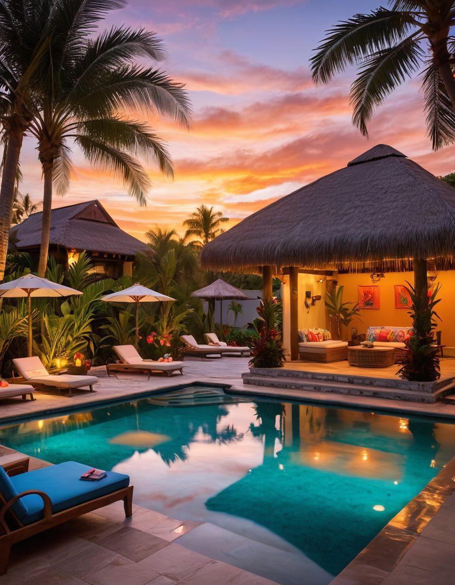 A breathtaking tropical poolside oasis featuring a sparkling blue pool surrounded by lush palm trees, vibrant tropical flowers, and comfortable lounge chairs. Incorporate a thatched-roof tiki hut with colorful cocktails on a table, and soft ambient lighting at dusk. The scene should evoke relaxation and leisure, with a clear sky and gentle waves lapping at the pool's edge. super-realistic. vibrant colors. sunset lighting.