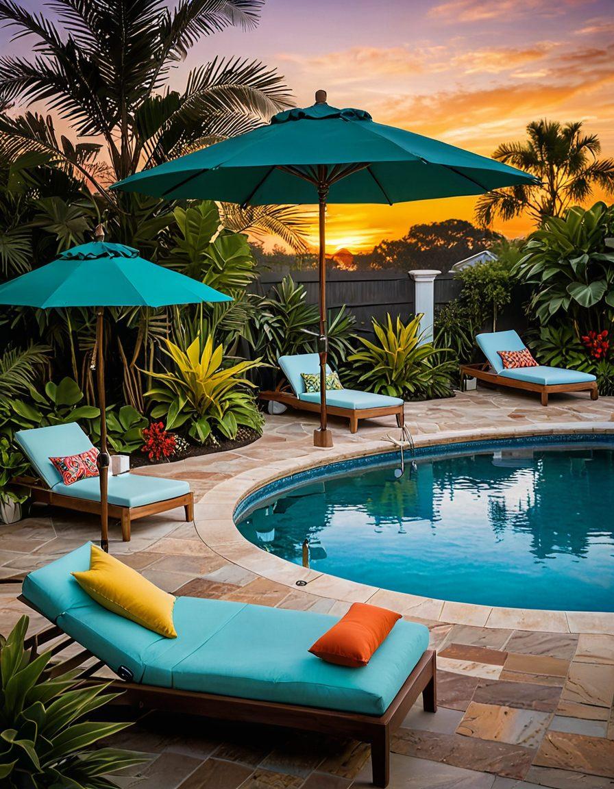 A luxurious backyard poolside retreat featuring a sparkling blue pool surrounded by lush tropical plants, cozy lounge chairs with colorful cushions, a stylish sun umbrella, and a small wooden deck with a refreshing beverage. In the background, depict a sunset sky with warm tones casting a serene glow over the scene. Emphasize relaxation and comfort in this inviting atmosphere. super-realistic. vibrant colors.