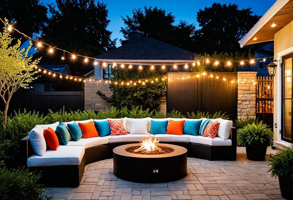 A serene outdoor setting featuring a cozy patio adorned with plush seating, surrounded by lush greenery. A fire pit crackles nearby, with friends and family sharing laughter over drinks. Twinkling fairy lights hang above, creating a magical ambiance as the sun sets. Perfect for relaxation and fun, with vibrant cushions and nature's beauty all around. super-realistic. vibrant colors. warm lighting.